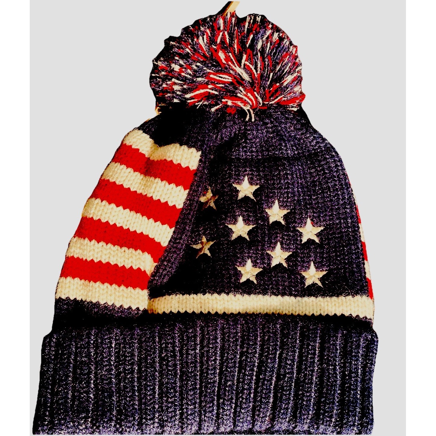 American Flag Knitted Ski Sports Hat Cap Red/White/Blue Pom Poms Emb Stars